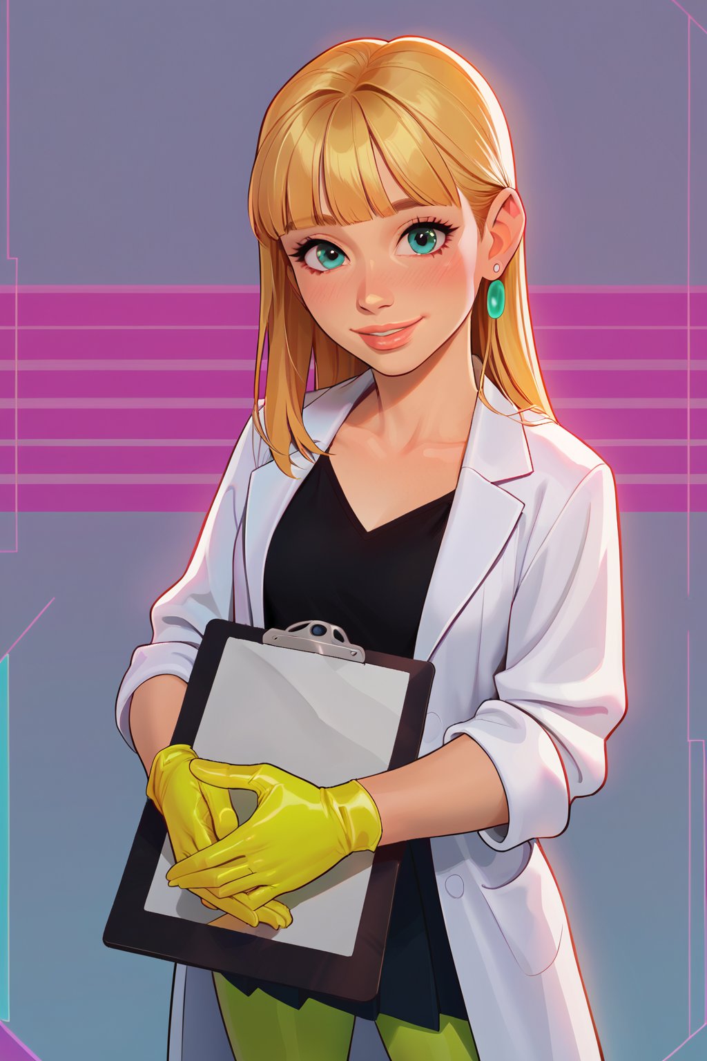 score_9, score_8_up, score_7_up, score_6_up, solo, laboratory assistant, intern, 1girl, green_eyes, clipboard, cropped_legs, holding, holding_clipboard, hugging_clipboard, ((lab_coat)), white_lab_coat, light_blush, lips, smile dimples, college student, 18 years old, young, hime_cut, long_hair, blunt_bangs, blonde_hair, parted_lips, parted_bangs, latex_gloves, sleeves_rolled_up, goofy, gullible, shy, demure, awkward_smile, blushing, cute, looking_at_viewer, light blue shirt, collarbone, earrings, collared_shirt, pleated_skirt, leggings, bright laboratory background, 
cel shading art, hand-drawn graphic novel, beautiful color palette, perfect composition, cinematic, Concept art, good_hands, Expressiveh, perfect hands.