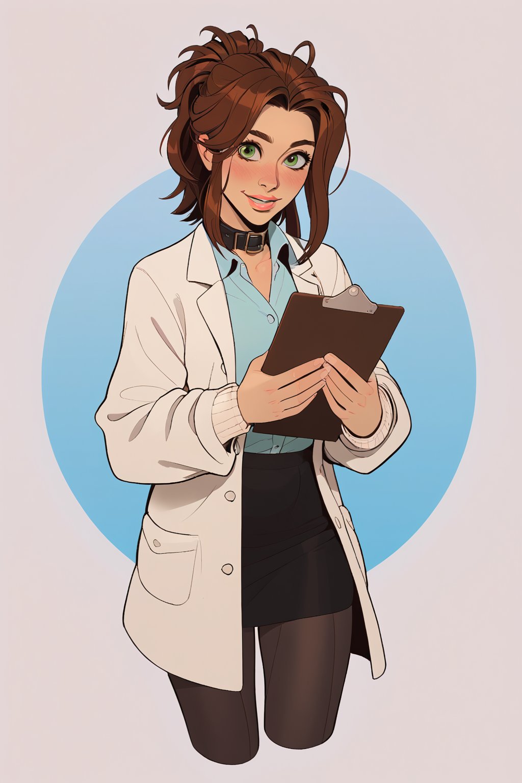 score_9, score_8_up, score_7_up, score_6_up, 1girl, emerald_eyes, brown_hair, clipboard, cropped_legs, holding, holding_clipboard, hugging_clipboard, lab_coat, light_blush, lips, student, 18 years old, messy ponytail, parted_lips, parted_bangs, pen, sleeves_rolled_up, solo, shy, demure, awkward_smile. cute cardigan, shirt, open_collar, plaited_skirt, leggings, bright laboratory background,
cel shading art, hand-drawn graphic novel, beautiful color palette, perfect composition, cinematic, Concept art, good_hands, Expressiveh, perfect hands.