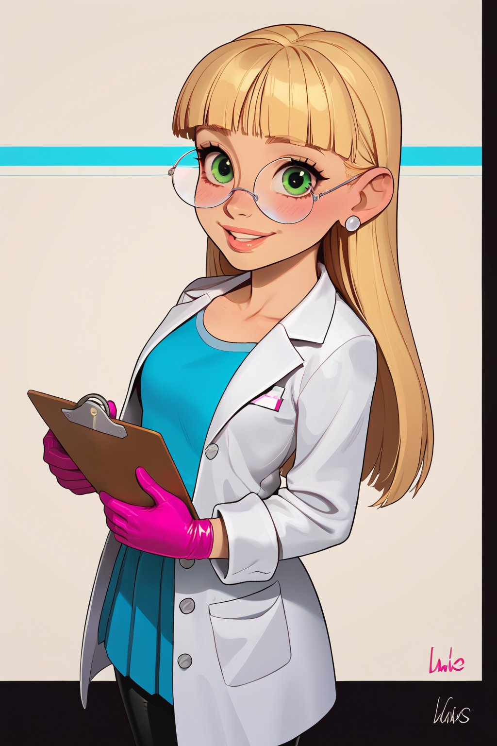 safe_pos, score_9, score_8_up, score_7_up, score_6_up, Expressiveh, very aesthetic, absurdres, highres, solo, laboratory assistant, intern, 1girl, green_eyes, round glasses, clipboard, cropped_legs, holding, holding_clipboard, hugging_clipboard, ((lab_coat)), white_lab_coat, light_blush, lips, smile dimples, college student, 18 years old, young, hime_cut, long_hair, blunt_bangs, blonde_hair, parted_lips, parted_bangs, latex_gloves, sleeves_rolled_up, goofy, gullible, shy, demure, awkward_smile, blushing, cute, looking_at_viewer, light blue shirt, collarbone, earrings, collared_shirt, pleated_skirt, leggings, bright laboratory background, cel shading art, hand-drawn graphic novel, beautiful color palette, perfect composition, cinematic, Concept art, good_hands, perfect hands. Pacifica, Blond hair 