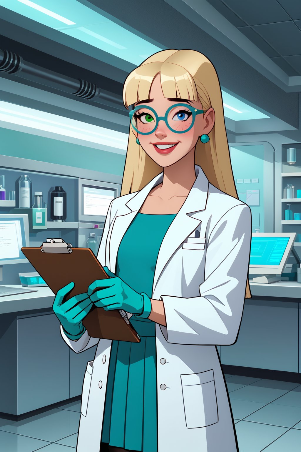 score_9, score_8_up, score_7_up, score_6_up, solo, laboratory assistant, intern, 1girl, green_eyes, clipboard, cropped_legs, holding, holding_clipboard, hugging_clipboard, ((lab_coat)), white_lab_coat, light_blush, lips, smile dimples, college student, 18 years old, young, hime_cut, long_hair, blunt_bangs, blonde_hair, heterochromia (green, blue) large round glasses, parted_lips, parted_bangs, latex_gloves, sleeves_rolled_up, goofy, gullible, shy, demure, awkward_smile, blushing, cute, looking_at_viewer, light blue shirt, collarbone, earrings, collared_shirt, pleated_skirt, leggings, bright laboratory background, 
cel shading art, hand-drawn graphic novel, beautiful color palette, perfect composition, cinematic, Concept art, good_hands, Expressiveh, perfect hands. comic book illustration, Dc comics style, dcaustyle