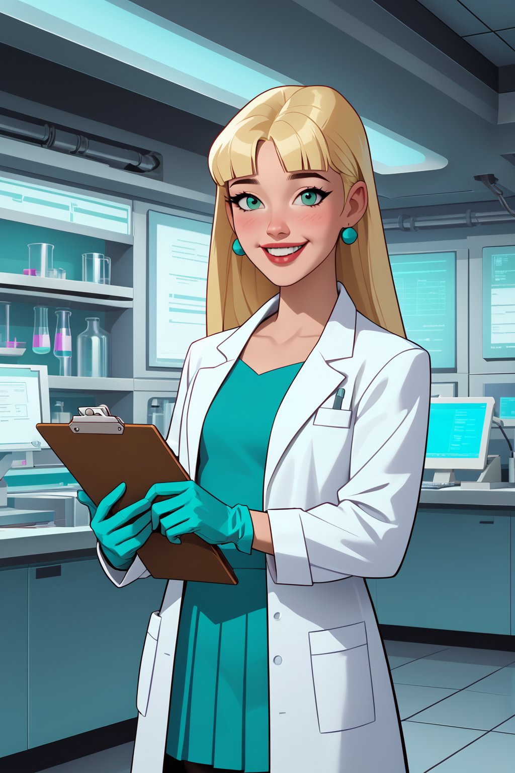 score_9, score_8_up, score_7_up, score_6_up, solo, laboratory assistant, intern, 1girl, green_eyes, clipboard, cropped_legs, holding, holding_clipboard, hugging_clipboard, ((lab_coat)), white_lab_coat, light_blush, lips, smile dimples, college student, 18 years old, young, hime_cut, long_hair, blunt_bangs, blonde_hair, parted_lips, parted_bangs, latex_gloves, sleeves_rolled_up, goofy, gullible, shy, demure, awkward_smile, blushing, cute, looking_at_viewer, light blue shirt, collarbone, earrings, collared_shirt, pleated_skirt, leggings, bright laboratory background, 
cel shading art, hand-drawn graphic novel, beautiful color palette, perfect composition, cinematic, Concept art, good_hands, Expressiveh, perfect hands. comic book illustration, Dc comics style