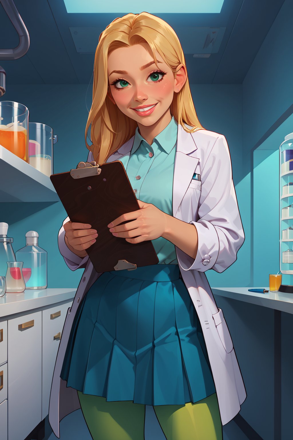 score_9, score_8_up, score_7_up, score_6_up, solo, laboratory assistant, intern, 1girl, emerald_eyes, clipboard, cropped_legs, holding, holding_clipboard, hugging_clipboard, lab_coat, light_blush, lips, college student, 18 years old, young, hime_cut, long_hair, blonde_hair, parted_lips, parted_bangs, pen, sleeves_rolled_up, goofy, gullible, shy, demure, awkward_smile, blushing, cute, shirt, pleated_skirt, leggings, bright laboratory background, 
cel shading art, hand-drawn graphic novel, beautiful color palette, perfect composition, cinematic, Concept art, good_hands, Expressiveh, perfect hands.