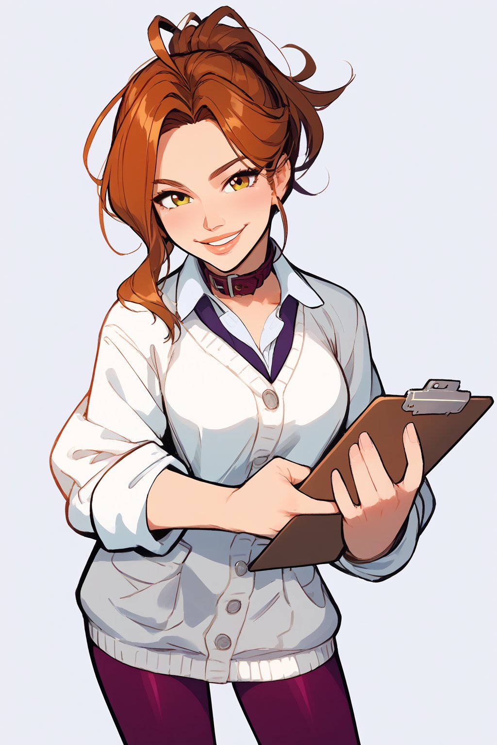 rating_safe, source_cartoon, 
score_9, score_8_up, score_7_up, score_6_up, score_5_up, score_4_up, 
best quality, 
1girl, emerald_eyes, brown_hair, clipboard, cropped_legs, holding, holding_clipboard, hugging_clipboard, lab_coat, light_blush, lips, student, 18 years old, messy ponytail, parted_lips, parted_bangs, pen, sleeves_rolled_up, solo, shy, demure, awkward_smile. cute cardigan, shirt, open_collar, plaited_skirt, leggings, bright laboratory background,
cel shading art, hand-drawn graphic novel, beautiful color palette, perfect composition, cinematic, Concept art, good_hands, Expressiveh, perfect hands.