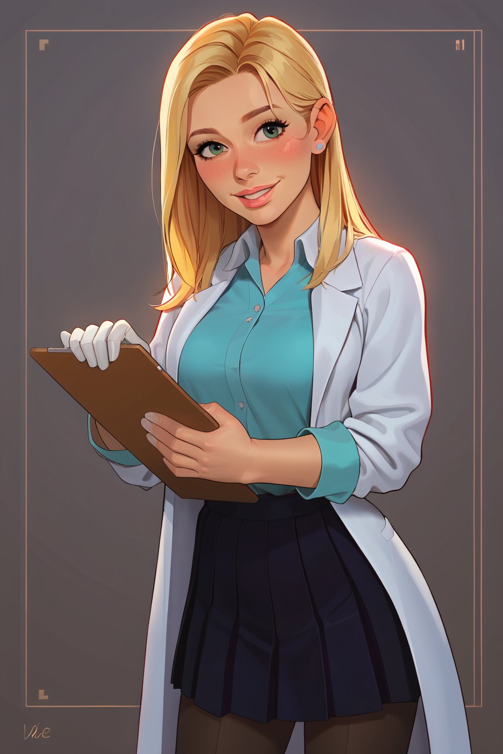 score_9, score_8_up, score_7_up, score_6_up, solo, laboratory assistant, intern, 1girl, emerald_eyes, clipboard, cropped_legs, holding, holding_clipboard, hugging_clipboard, lab_coat, light_blush, lips, college student, 18 years old, young, hime_cut, long_hair, blonde_hair, parted_lips, parted_bangs, pen, sleeves_rolled_up, goofy, gullible, shy, demure, awkward_smile, blushing, cute, shirt, pleated_skirt, leggings, bright laboratory background, 
cel shading art, hand-drawn graphic novel, beautiful color palette, perfect composition, cinematic, Concept art, good_hands, Expressiveh, perfect hands.