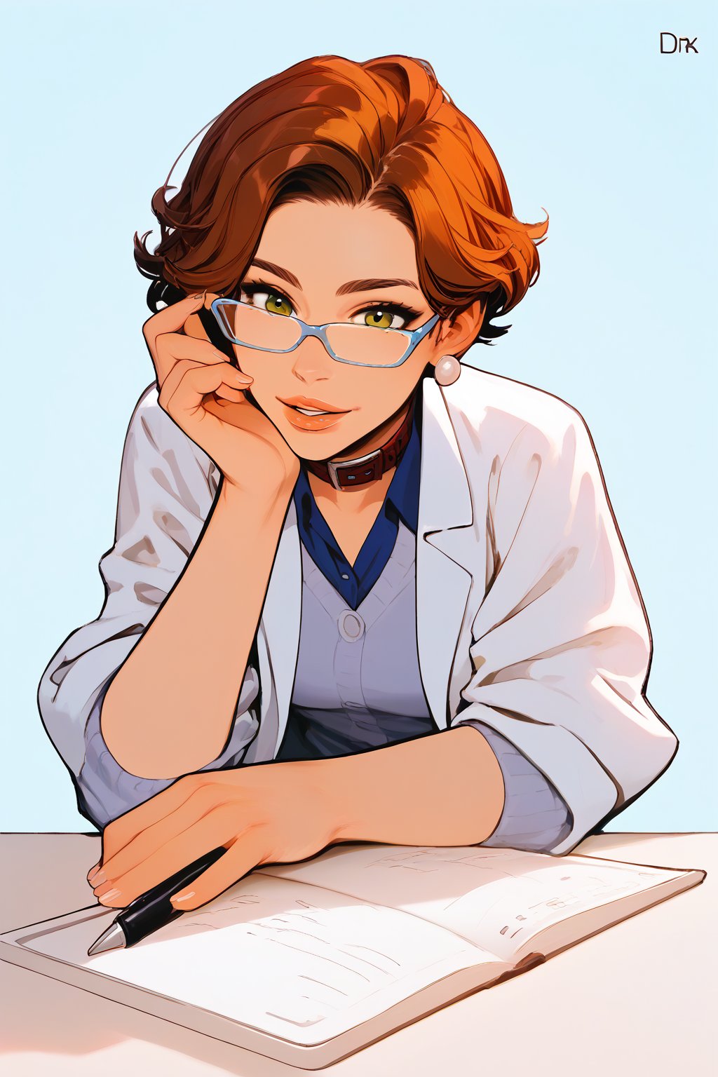 rating_safe, source_cartoon, 
score_9, score_8_up, score_7_up, score_6_up, score_5_up, score_4_up, 
best quality, Dr. Thomas, A middle-aged woman with short, curly brown hair looks up from her desk, peering over her reading glasses
1girl, emerald_eyes, brown_hair, lab_coat, parted_lips, pen, sleeves_rolled_up, solo, cute cardigan, shirt, open_collar, bright laboratory background,
cel shading art, hand-drawn graphic novel, beautiful color palette, perfect composition, cinematic, Concept art, good_hands, Expressiveh, perfect hands.