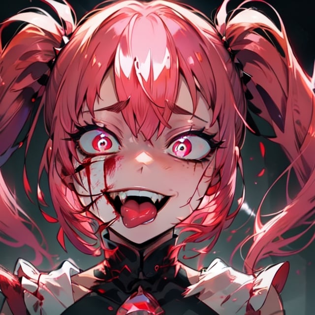 Spinel, pink hair,1girl, solo, masterpiece, 8k,high_resolution,pink skin,pigtails,spiky hair,evil smile,facing_viewer,standing,portrait,

sticking_tongue_out,Female,yandere,red_eyes,blood_on_face
,