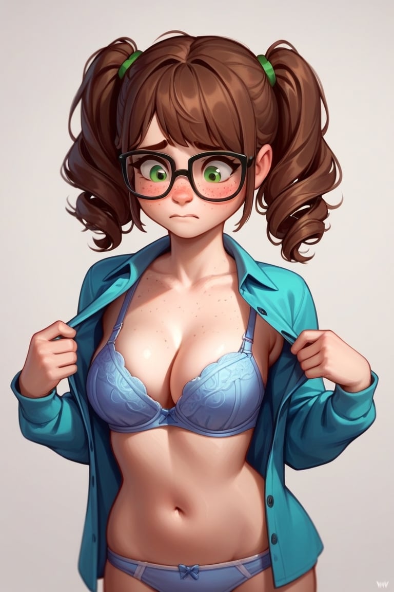 Score_9, Score_8_up, Score_7_up, Score_6_up, Score_5_up, Score_4_up, source_cartoon,(NSFW),
1girl,nerd,
shy,blushing,nervous,looking_down,
curls,pigtails,brown hair,
green eyes,nerdy glasses,
freckles,cute,
big_boobs,wide_hips,busty
white_shirt,long_sleeve_shirt,unbuttoned,(panties:1.4),(bra,hands_up:1.3),undressing
