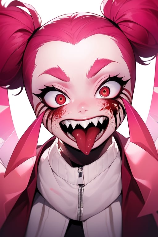 Spinel, pink hair,1girl, solo, masterpiece, 8k,high_resolution,pink skin,pigtails,spiky hair,evil smile,facing_viewer,standing,portrait,

big_eyes,sticking_tongue_out,Female,yandere,red_eyes,blood_on_face,long_tongue
,