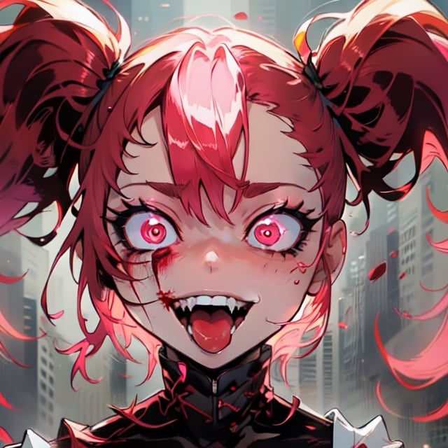 Spinel, pink hair,1girl, solo, masterpiece, 8k,high_resolution,pink skin,pigtails,spiky hair,evil smile,facing_viewer,standing,portrait,

sticking_tongue_out,Female,yandere,red_eyes,blood_on_face
,