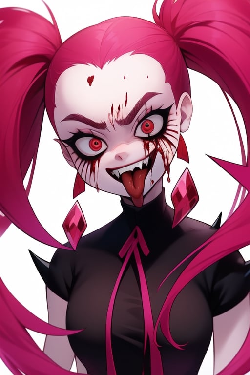 Spinel, pink hair,1girl, solo, masterpiece, 8k,high_resolution,pink skin,pigtails,spiky hair,evil smile,facing_viewer,standing,portrait,

big_eyes,sticking_tongue_out,Female,yandere,red_eyes,blood_on_face,long_tongue
,