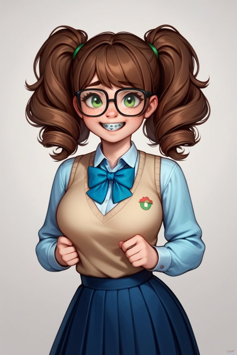 Score_9, Score_8_up, Score_7_up, Score_6_up, Score_5_up, Score_4_up, source_cartoon,(NSFW),
1girl,nerd,shy,smile,
curls,pigtails,brown hair,
green eyes,nerdy glasses,
freckles,cute,buck teeth,braces,
big_boobs,wide_hips,busty
blue_shirt,long sleeve shirt,beige_sweater_vest,collared_shirt,skirt,blue_bowtie,