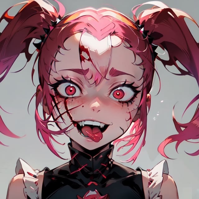 Spinel, pink hair,1girl, solo, masterpiece, 8k,high_resolution,pink skin,pigtails,spiky hair,evil smile,facing_viewer,standing,portrait,

sticking_tongue_out,Female,yandere,red_eyes,blood_on_face
,