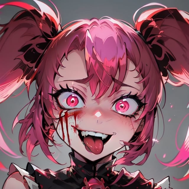 Spinel, pink hair,1girl, solo, masterpiece, 8k,high_resolution,pink skin,pigtails,spiky hair,evil smile,facing_viewer,standing,portrait,

sticking_tongue_out,Female,yandere,red_eyes,blood_on_face
,