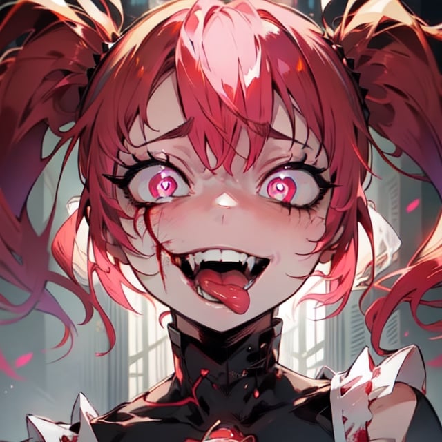 Spinel, pink hair,1girl, solo, masterpiece, 8k,high_resolution,pink skin,pigtails,spiky hair,evil smile,facing_viewer,standing,portrait,

sticking_tongue_out,Female,yandere,red_eyes,blood_on_face
,