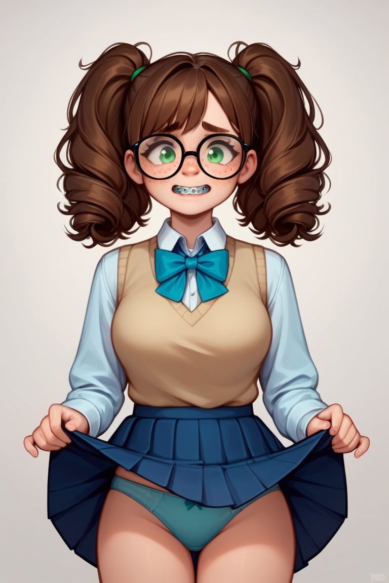 Score_9, Score_8_up, Score_7_up, Score_6_up, Score_5_up, Score_4_up, source_cartoon,(NSFW),
1girl,nerd,shy,nervous,
curls,pigtails,brown hair,
green eyes,nerdy glasses,
freckles,cute,buck teeth,braces,
big_boobs,wide_hips,busty
blue_shirt,long sleeve shirt,beige_sweater_vest,collared_shirt,skirt,blue_bowtie,lift_skirt,panties
