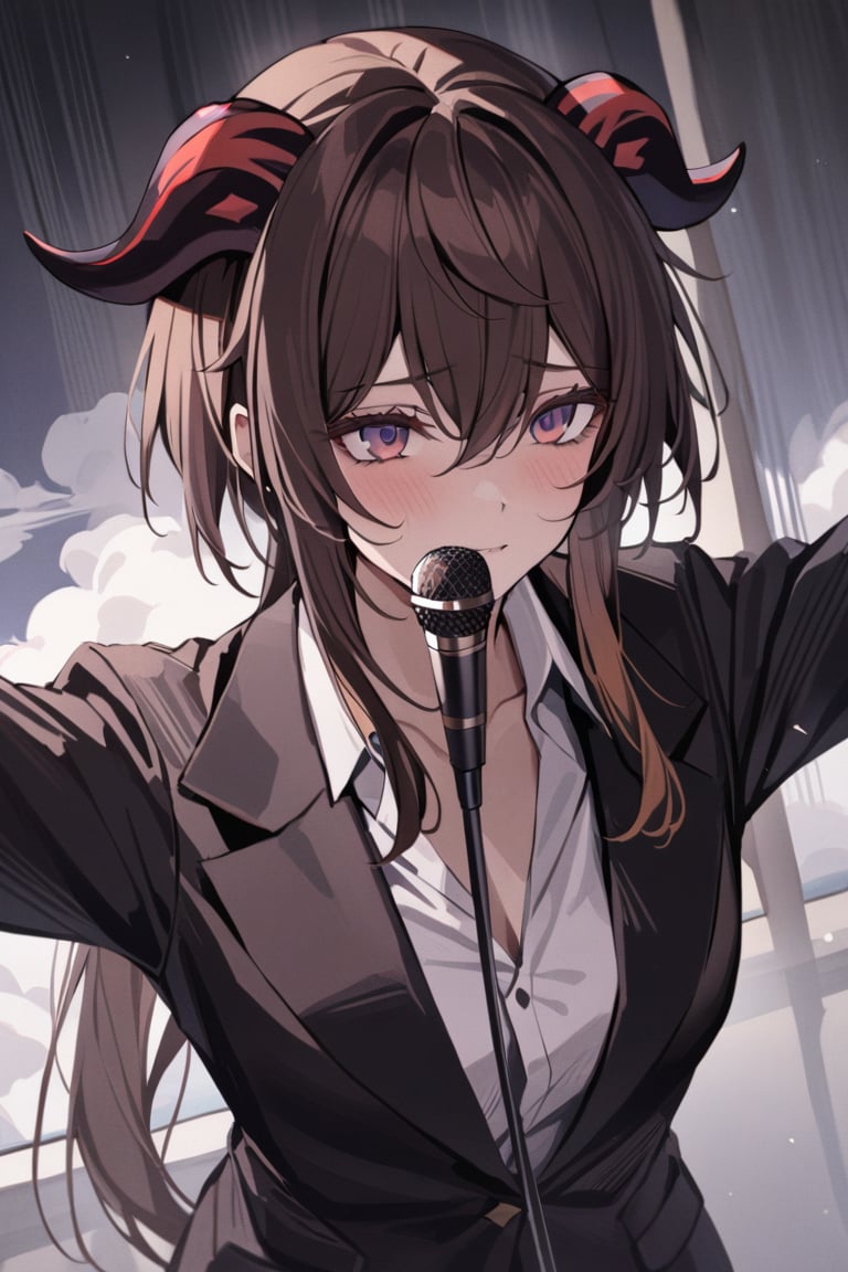 Prompt: masterpiece, best quality, 1 girl, Ganyu_genshi impact,Dark brown hair ,purple_eyes,red_horns,   Wearing A black suit .Hanging from a cloud in her neck ,a microphone in left,like she is sing 