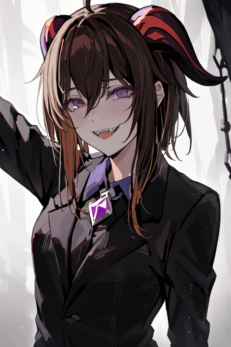 Prompt: masterpiece, ,best quality, 1 girl, Ganyu_genshi impact,Dark brown hair ,purple_eyes,red_horns,   Wearing A black suit .Hanging from a cloud in her neck she,smile evil,evil_smile,she is evil,glitter_force,she is so evil,she is evil His teeth are fangs,