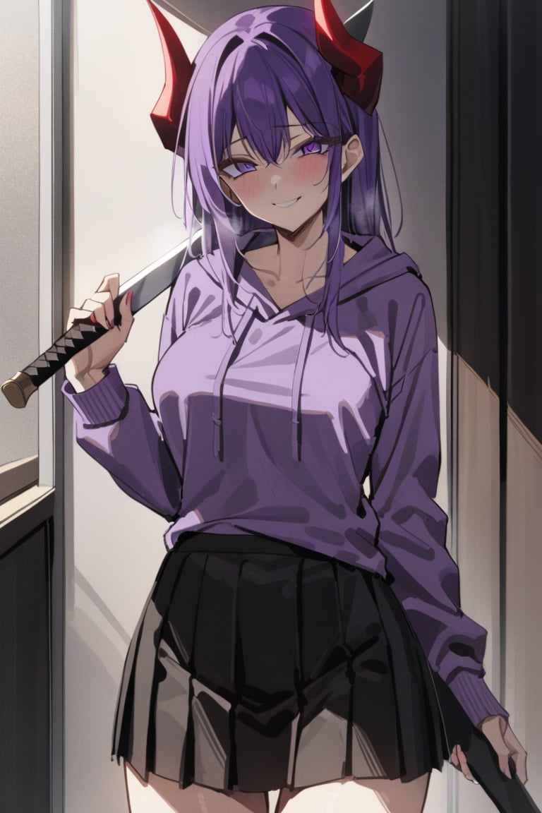 masterpiece, best quality, 1 girl, ,purple_hair,purple_eyes,red_horns, with yandere smile,holding a  large sword  In his left hand,Wearing a  Purple sweatshirt with black and a black skirt with long purple lace, yandere-chan (ramchi) ,big_boobies