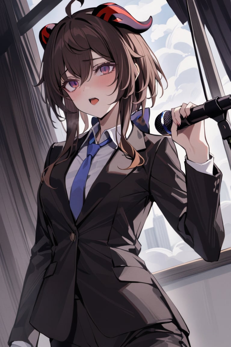 Prompt: masterpiece, best quality, 1 girl, Ganyu_genshi impact,Dark brown hair ,purple_eyes,red_horns,   Wearing A black suit .Hanging from a cloud in her neck ,a microphone in left,like she is sing 