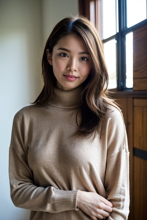 Generate hyper realistic image of a beautiful young japanese woman with blue eyes and brown hair, perfect big breast, wearing a warm sweater and a stylish turtleneck. Her upper body is depicted with realistic details, showcasing the subtle charm of parted lips and a hint of freckles. The scene captures the essence of a cozy winter day, with her hair slightly messy, giving a touch of natural elegance.