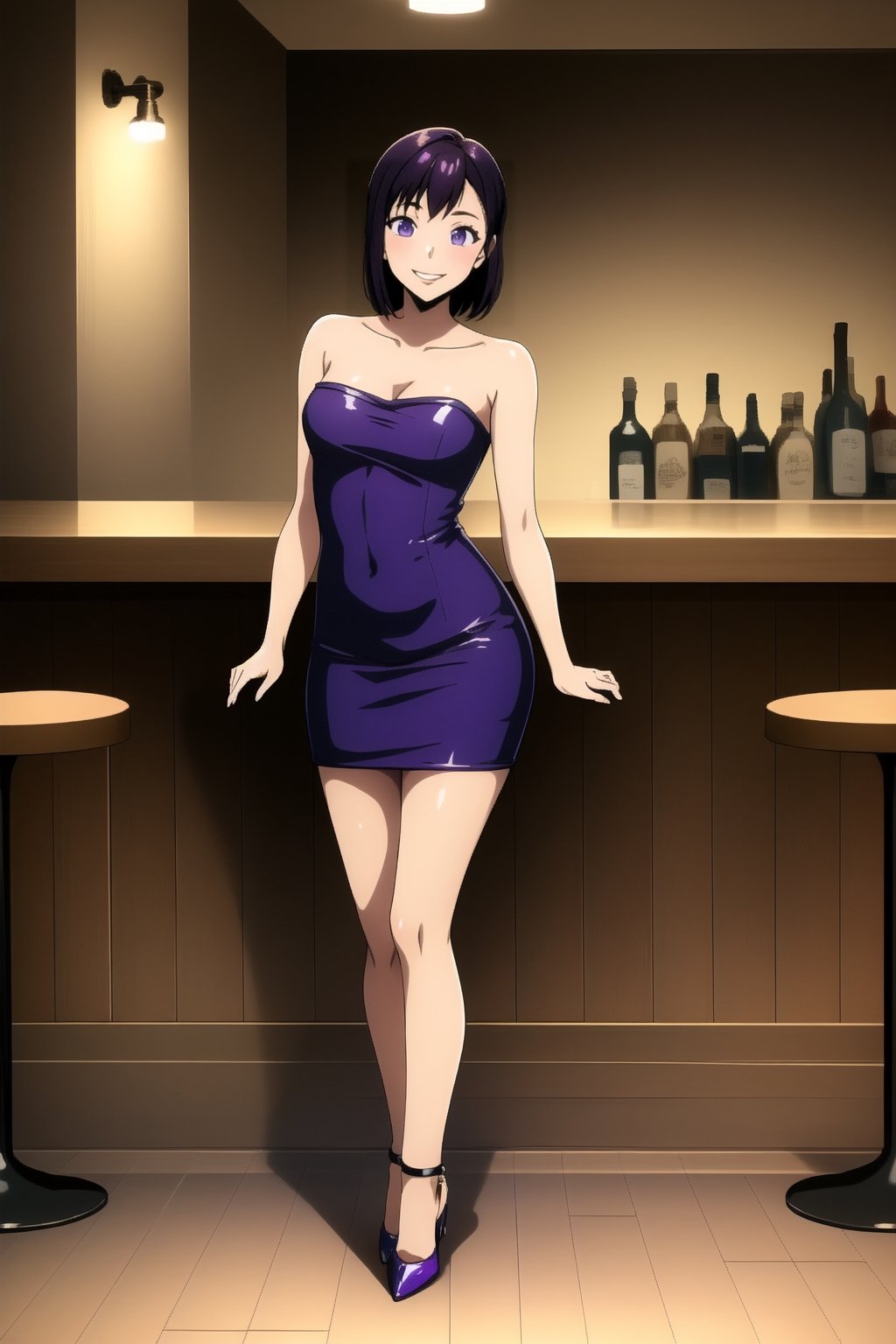 ((masterpiece)), solo, 1girl, ,young, teen,  smile,looking at viewer,standing, full body,
,Sung

((micro dress))
((sexy pose ))
 ((bare shoulders))
((sleeveless))
((purple dress))
((heeled shoes))
((tight dress))
((strapless ))

((bar))
((bar bar))
,,