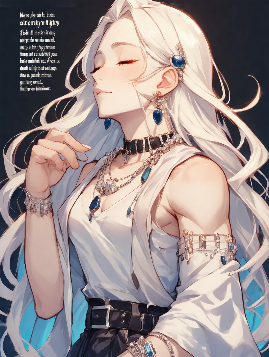 niji6,
,
1girl, solo, long hair, jewelry, closed mouth, closed eyes, upper body, white hair, from side, english text, profile, wavy hair
