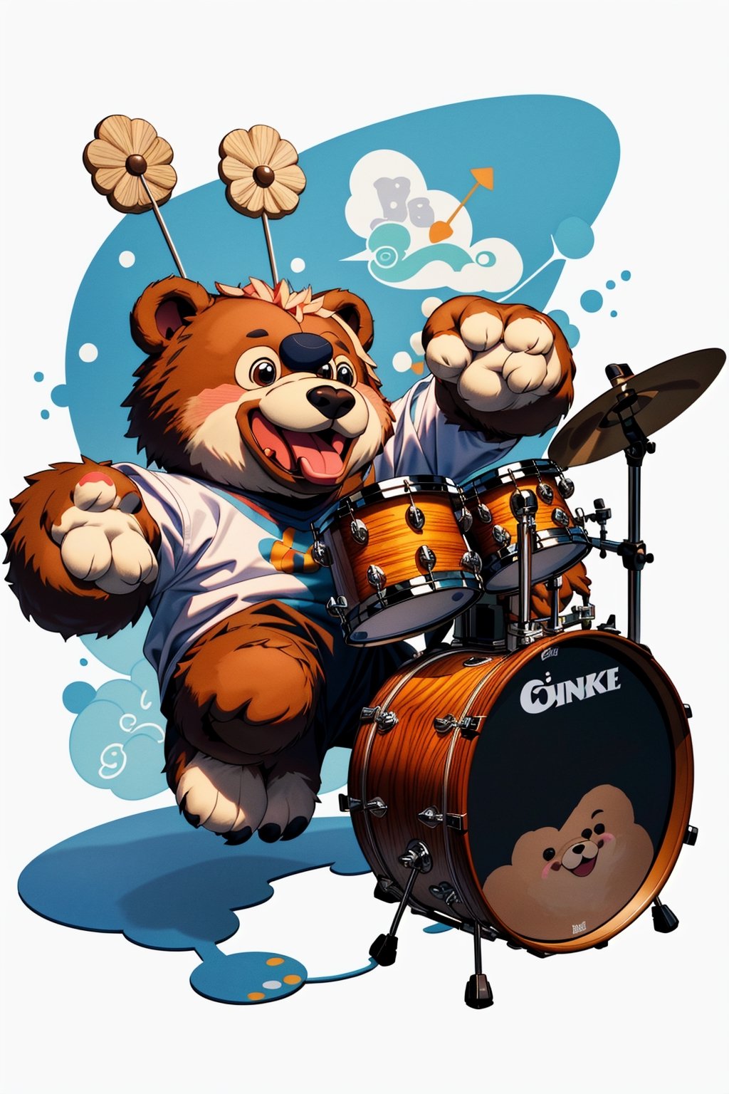 This image depicts a delightful and comical scene featuring a cute bear playing a drum set. The bear appears animated and joyous, engaging with the drums with a sense of fun and excitement. The depiction is endearing, likely to evoke smiles with its playful charm.