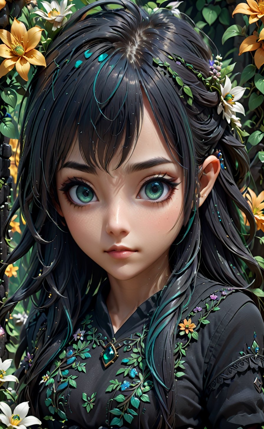 ((1girl)),kozuki hiyori, (3d rendering),(3d girl), ((solo)), Half body, details, (Long straight hairs),((blue-green hair:0.8)),big eyes,( detailed beautiful eyes), ( detailed face), (extremely detailed CG, ultra-detailed, best shadow), ((depth of field)), (loses black shirt),flowers and petals