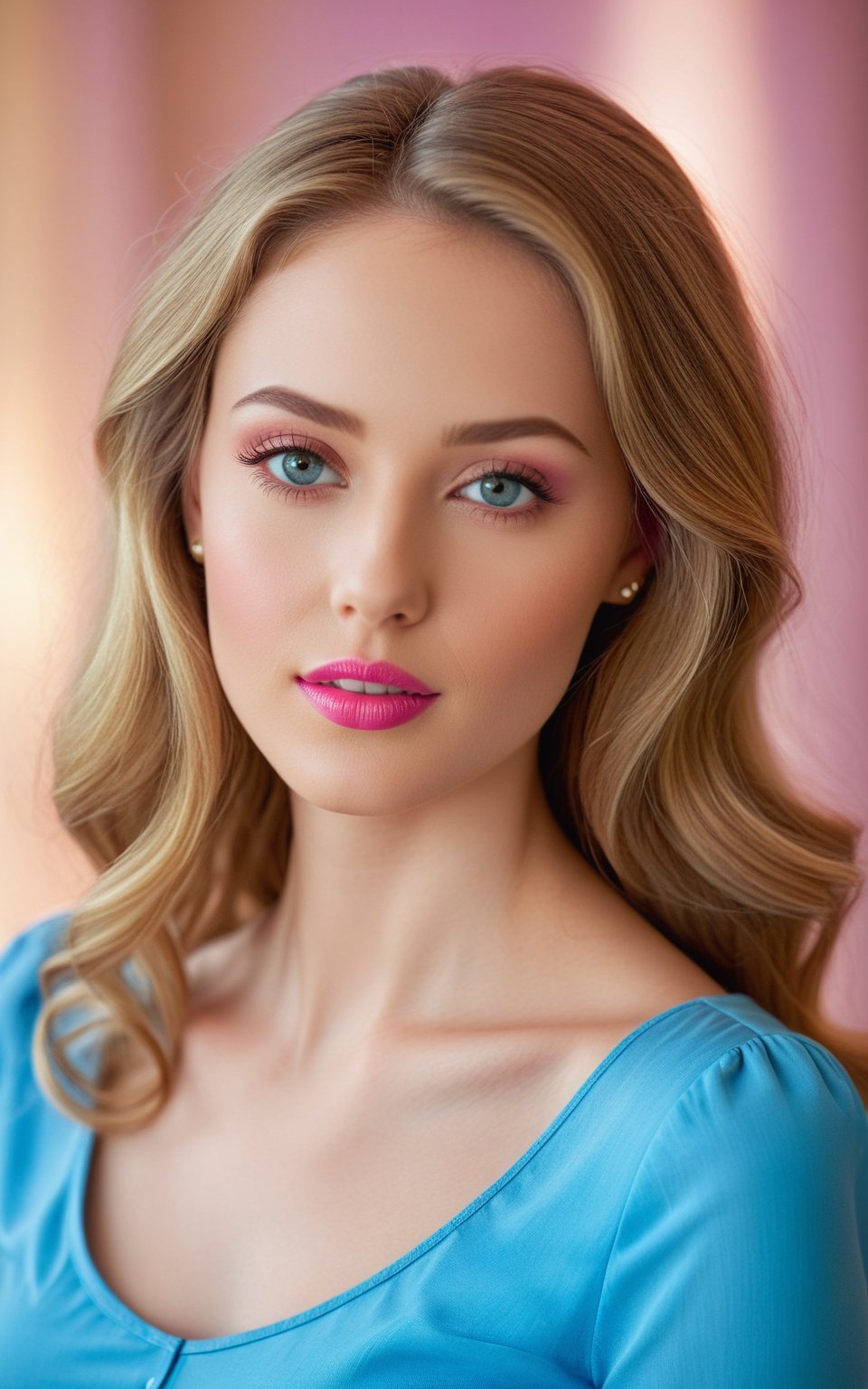 Create a realistic photo of stunning young woman sits in a warm, golden-lit studio against a soft, creamy backdrop, her smooth complexion radiating health and beauty. Her long locks cascade down her back, framing her heart-shaped face and catching the light with subtle highlights. A slender neck stretches elegantly, complemented by a chiseled jawline that adds definition to her features. Her large, expressive eyes, a bright shade of blue, convey a sense of vulnerability and charm, drawing the viewer in. Her plump lips, a natural pink hue, curve into a inviting pout, as she gazes directly at the camera with an air of quiet confidence.