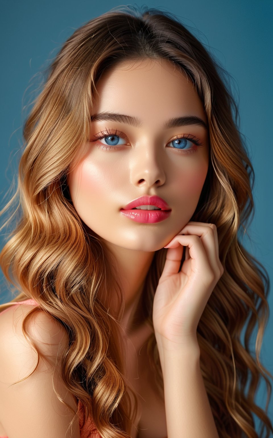 Create a realistic photo of stunning young woman sits in a warm, golden-lit studio against a soft, creamy backdrop, her smooth complexion radiating health and beauty. Her long locks cascade down her back, framing her heart-shaped face and catching the light with subtle highlights. A slender neck stretches elegantly, complemented by a chiseled jawline that adds definition to her features. Her large, expressive eyes, a bright shade of blue, convey a sense of vulnerability and charm, drawing the viewer in. Her plump lips, a natural pink hue, curve into a inviting pout, as she gazes directly at the camera with an air of quiet confidence.