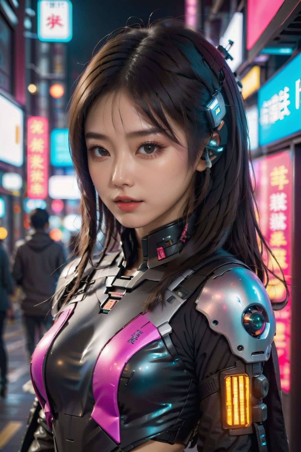 a cute japanese girl in cyberpunk style , futuristic look,in a metaverse ,her flawless beauty attracts the veiwer ,beautiful structure with a beautiful pose 