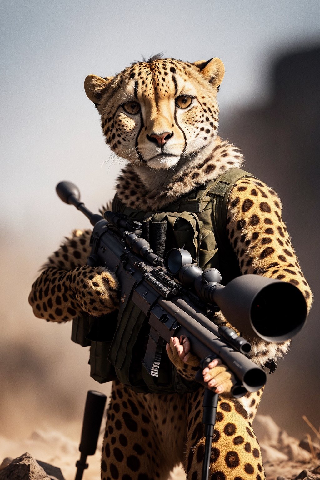 Clever cheetah wearing camouflage and sniper gear, holding a sniper rifle, anthropomorphic, super detail, ultra hd, 8k, real life, maximum facial detail, cinematic lighting 