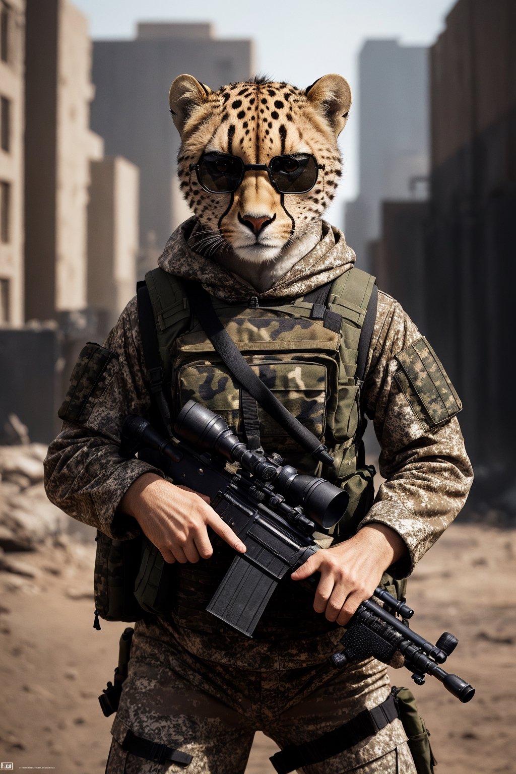 Clever cheetah wearing camouflage and sniper gear, holding a sniper rifle, anthropomorphic, super detail, ultra hd, 8k, real life, maximum facial detail, cinematic lighting 