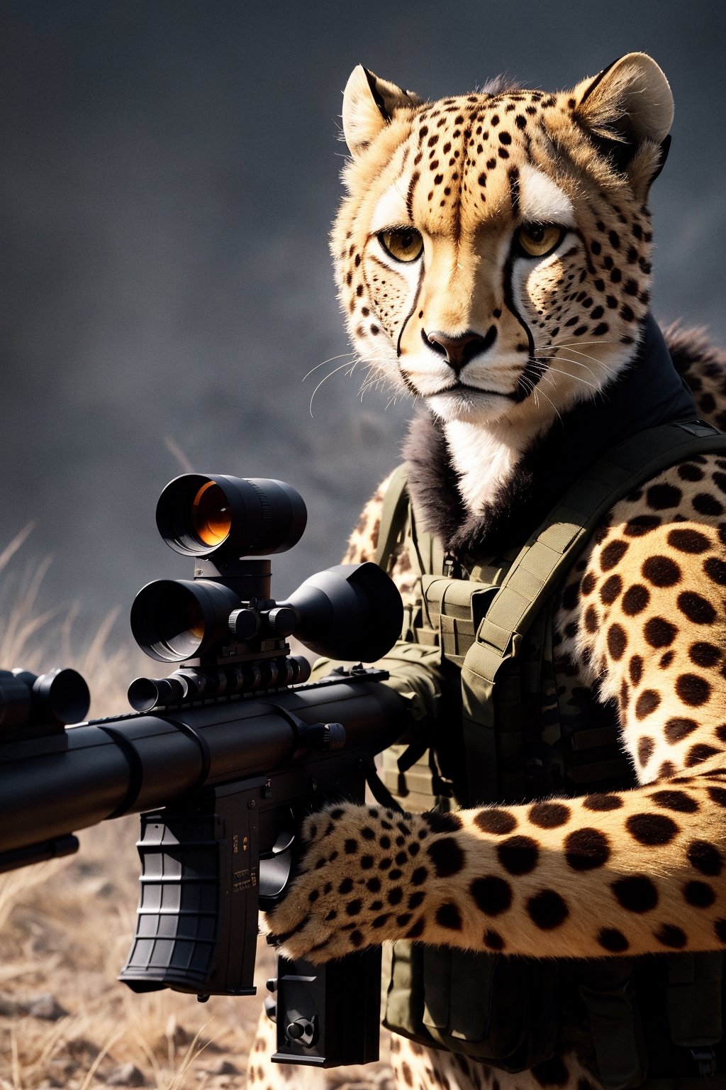 Clever cheetah wearing camouflage and sniper gear, holding a sniper rifle, anthropomorphic, super detail, ultra hd, 8k, real life, maximum facial detail, cinematic lighting 