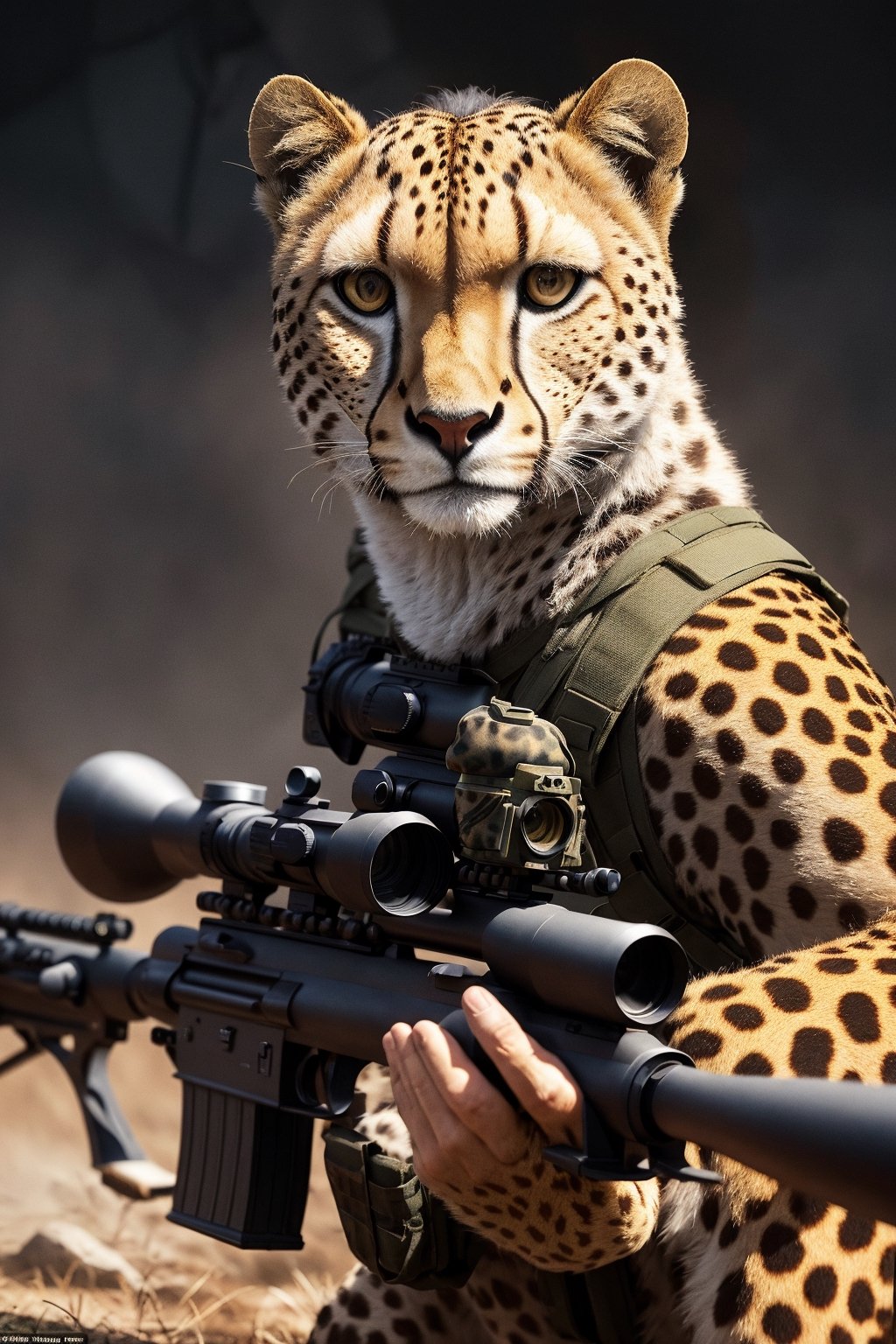 Clever cheetah wearing camouflage and sniper gear, holding a sniper rifle, anthropomorphic, super detail, ultra hd, 8k, real life, maximum facial detail, cinematic lighting 