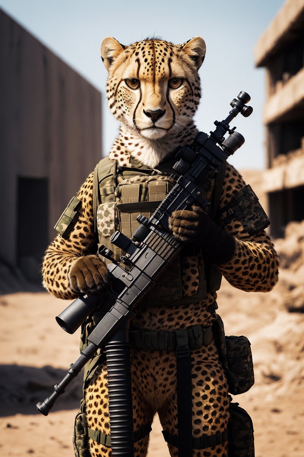 Clever cheetah wearing camouflage and sniper gear, holding a sniper rifle, anthropomorphic, super detail, ultra hd, 8k, real life, maximum facial detail, cinematic lighting 