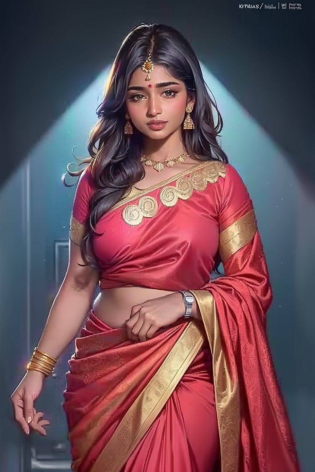 ultra realistic, dynamic lighting, beautiful, mature, attractive, 1 indian woman, 30 years old, red saree, cute, hot, sexy, tiny breasts, plump waist, pear body, thick thighs, smiling, long black_hair, colorful hair, warm, romantic, drop earrings, smart watch, dark background, enhance picture, photo, volumetric lighting, ambience, contrast, perfect lips, perfect hands