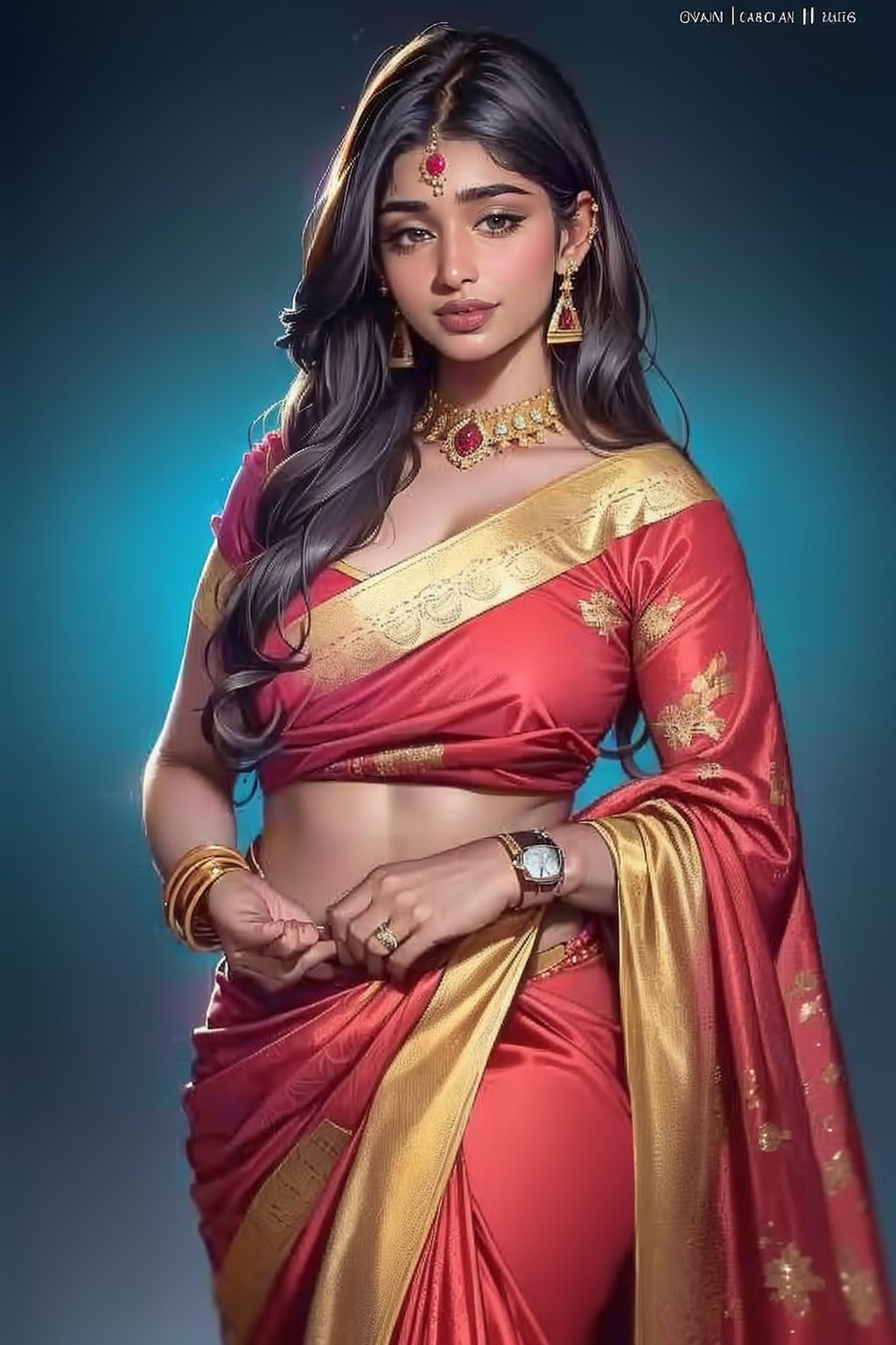 ultra realistic, dynamic lighting, beautiful, mature, attractive, 1 indian woman, 30 years old, red saree, cute, hot, sexy, tiny breasts, plump waist, pear body, thick thighs, smiling, long black_hair, colorful hair, warm, romantic, drop earrings, smart watch, dark background, enhance picture, photo, volumetric lighting, ambience, contrast, perfect lips, perfect hands