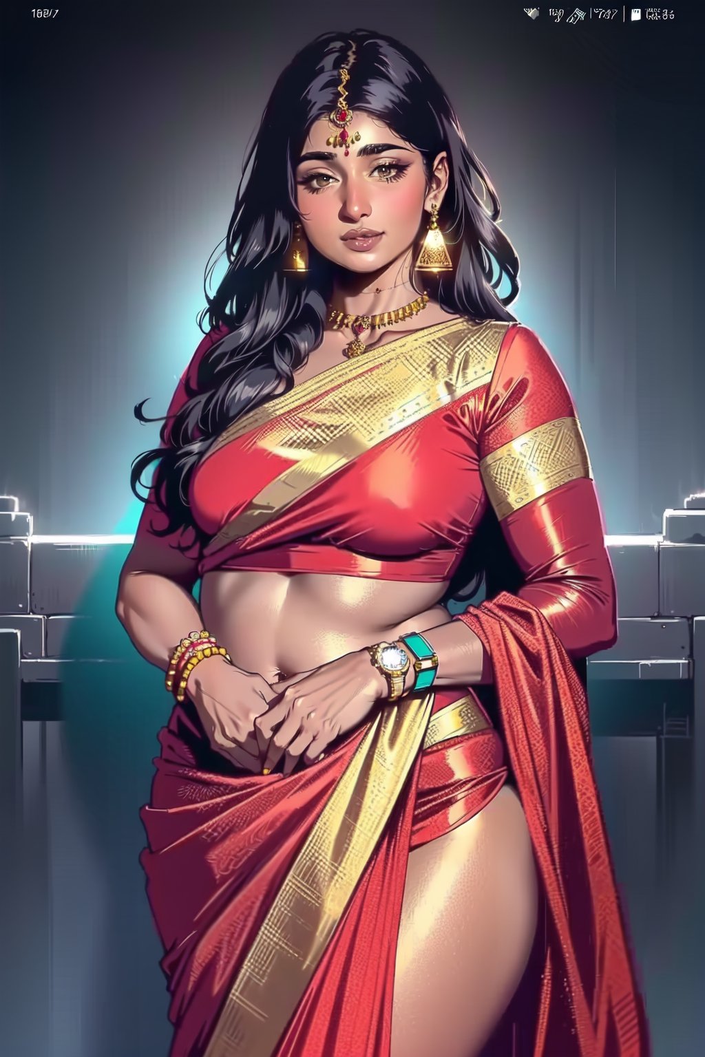 ultra realistic, dynamic lighting, beautiful, mature, attractive, 1 indian woman, 30 years old, red saree, cute, hot, sexy, tiny breasts, plump waist, pear body, thick thighs, smiling, long black_hair, colorful hair, warm, romantic, drop earrings, smart watch, dark background, enhance picture, photo, volumetric lighting, ambience, contrast, perfect lips, perfect hands