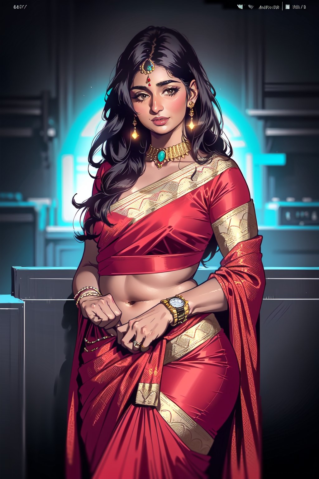 ultra realistic, dynamic lighting, beautiful, mature, attractive, 1 indian woman, 30 years old, red saree, cute, hot, sexy, tiny breasts, plump waist, pear body, thick thighs, smiling, long black_hair, colorful hair, warm, romantic, drop earrings, smart watch, dark background, enhance picture, photo, volumetric lighting, ambience, contrast, perfect lips, perfect hands