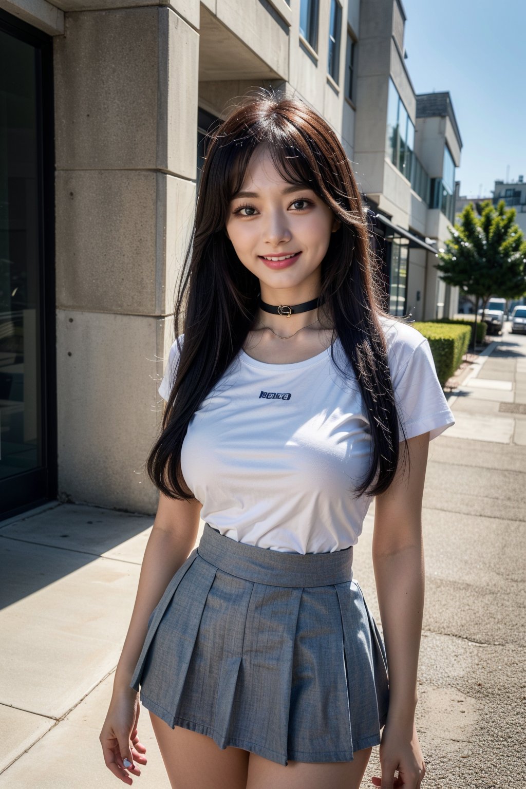 1girl, 8k, high_resolution, best quality, standing, facing front, smiling, proportional eyes, 18+, perfect, (from front), looking_at_viewer, front, masterpiece, huge_breasts, thick thighs, straight_hair, bangs, choker, outdoors, Tzuyu, t-shirt, pleated_skirt