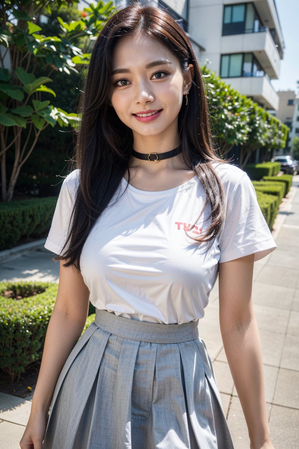 1girl, 8k, high_resolution, best quality, standing, facing front, smiling, proportional eyes, 18+, perfect, (from front), looking_at_viewer, front, masterpiece, huge_breasts, thick thighs, straight_hair, bangs, choker, outdoors, Tzuyu, t-shirt, pleated_skirt