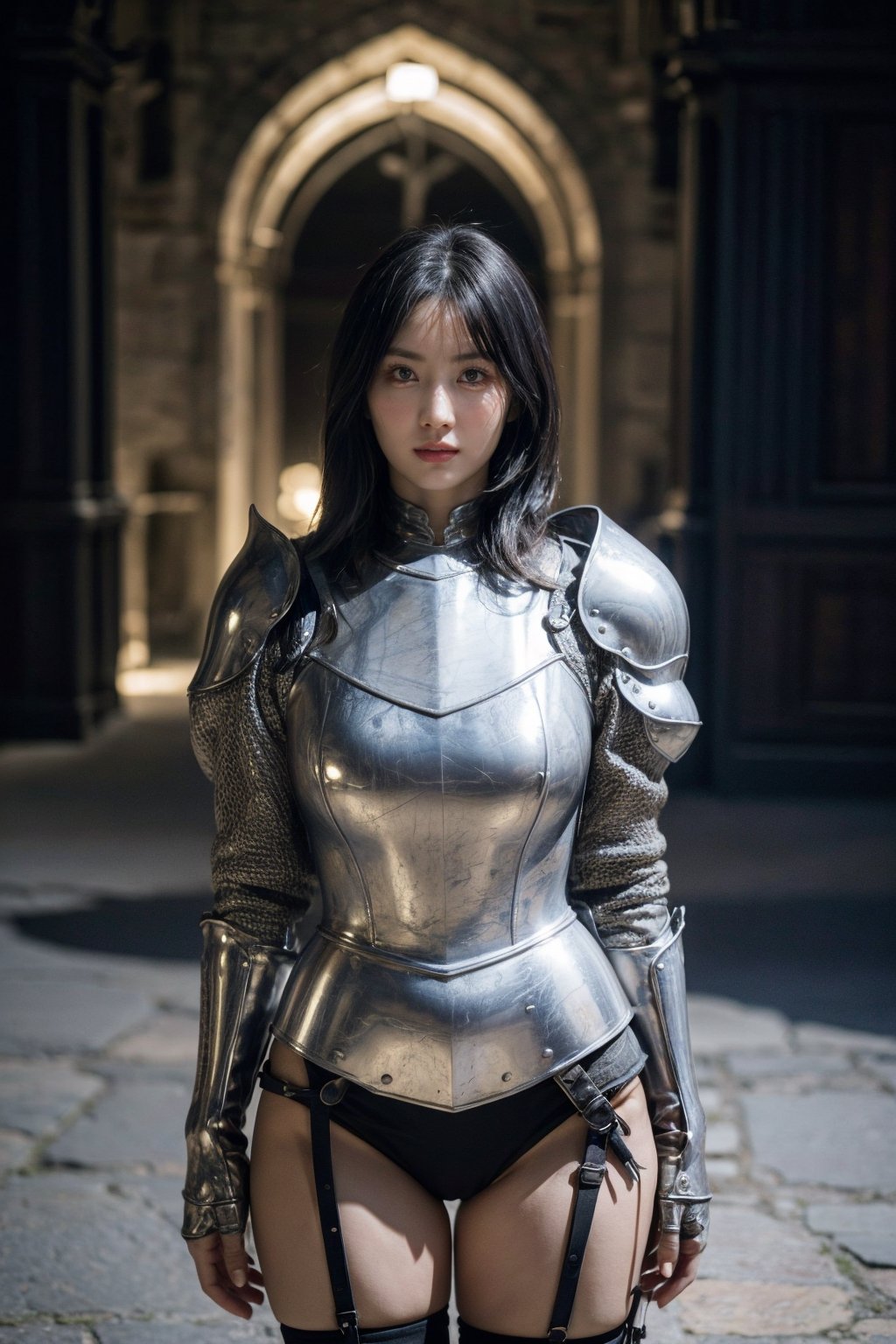 1girl, 8k, high_resolution, best quality, standing, ((facing front)), face focus, cinematic lighting, cinematic background, inside castle, proportional eyes, perfect, (from front), looking_at_camera, medieval armor, black metal parts, front, masterpiece, thick thighs, gigantic_breasts, (((white_hair))), short_hair, asian girl, knight, armor, pauldron, momo