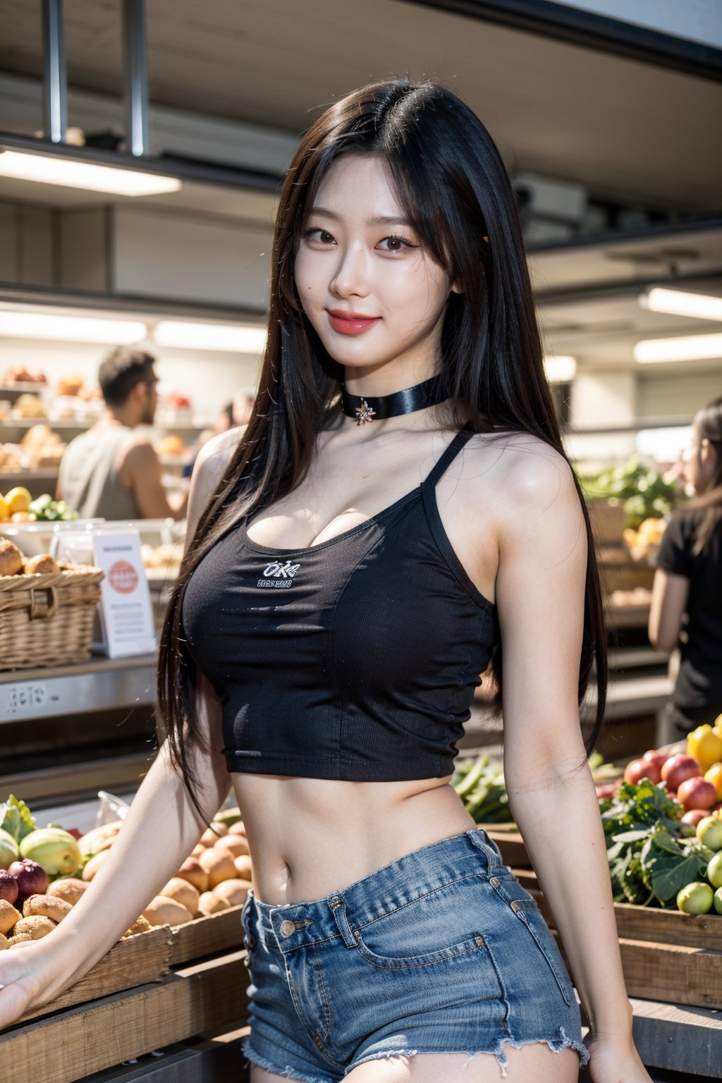 1girl, 8k, high_resolution, best quality, standing, food aisles, market, facing front, smiling, proportional eyes, knee shot, 18+, perfect, (from front), looking_at_camera, front, masterpiece, huge_breasts, thick thighs, straight_hair, bangs, choker, black_tank_top, denim_shorts, cowboy_shot