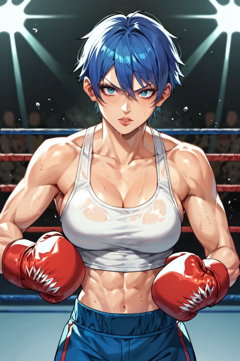 score_9, score_8_up, score_7_up, score_6_up, BREAK source_anime, 1girl, tank top, boxing girl, boxing ring, short, boxing gloves, masterpiece, best quality, very aesthetic, absurdres