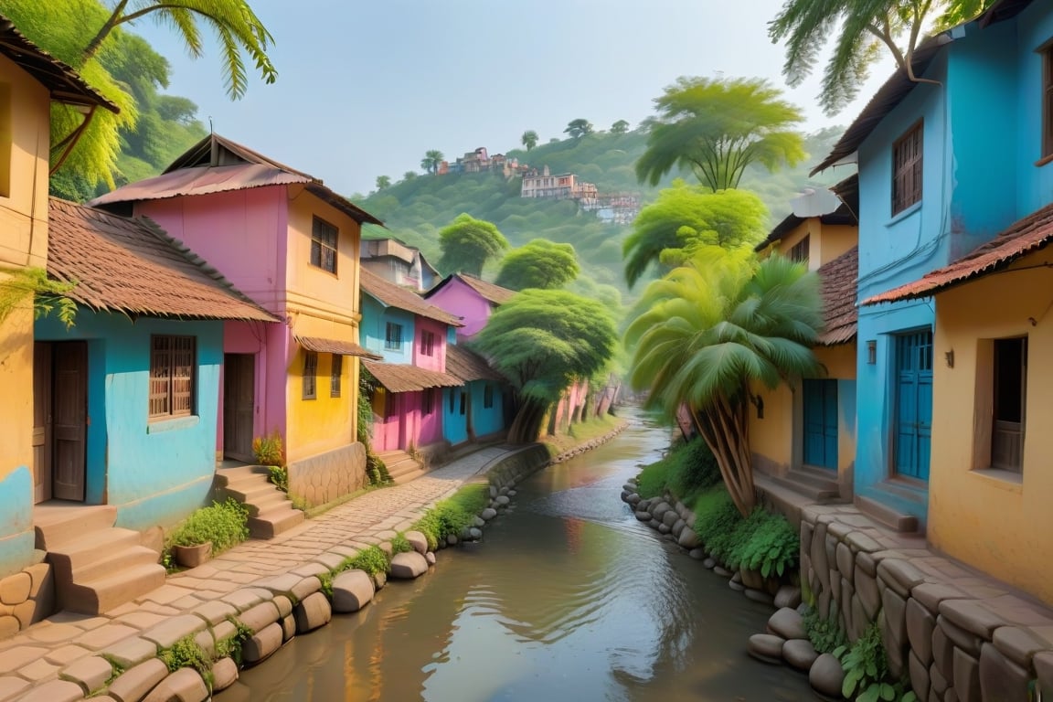 Picture a peaceful old indian village nestled amidst lush greenery, with colorful houses lining the cobblestone streets. The gentle flow of the river adds to the serene atmosphere, reflecting the clear blue sky above. Children can be seen playing in the streets, their laughter echoing through the air.