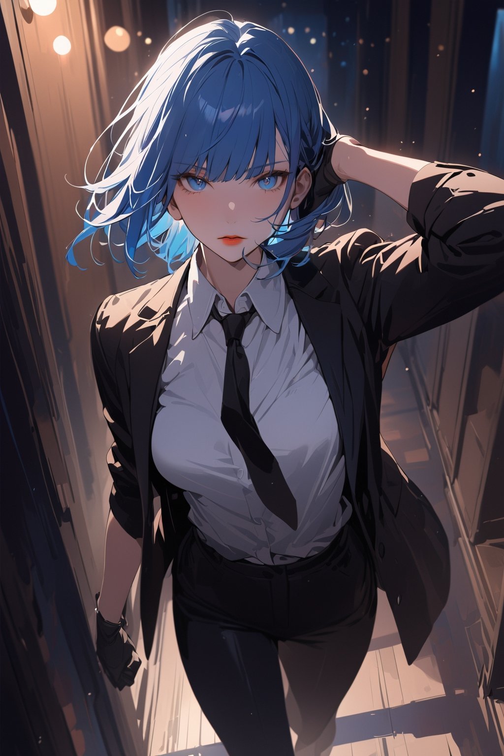 ((masterpiece, best quality, highres:1.2)), perfect face, looking at viewer, niji6, more detail XL, 1girl, solo, looking at viewer, blue hair, bob haircut, bangs, blue eyes, ((black sunglasses)), black_glove, white shirt, collared_shirt, black necktie, black pants, black jacket, female agent, one arm up, indoors, dark hallway, walking, [red lips], cold expression, extremely detailed illustration, 8k, high aesthetic, bokeh, windows, night, dropped shadow