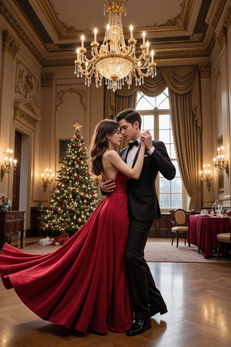 A couple dances in a grand ballroom,  their bodies moving in perfect sync. The realistic scene captures their elegant pose...