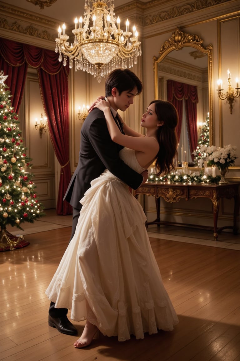 A couple dances in a grand ballroom,  their bodies moving in perfect sync. The realistic scene captures their elegant pose...