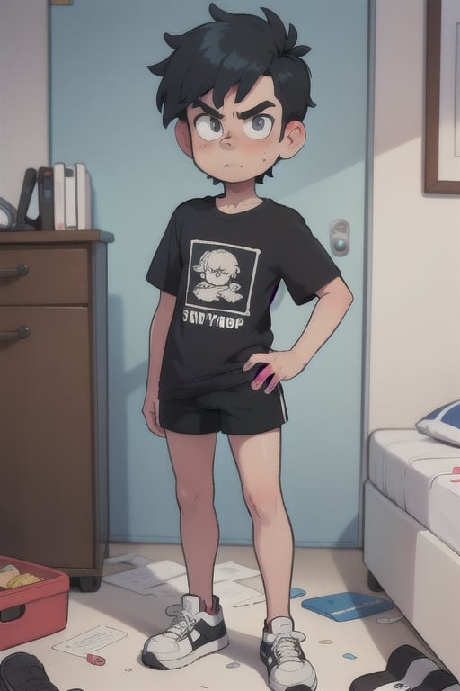 Preteen boy, messy hair style, wearing a t-shirt and very short 80s style shorts, sneakers, arrogant expression on his face, sassy, cheeky,standing in a defiant pose in his messy bedroom. The artwork captures the essence of the entitled and defiant attitude of this character. Inspired by the works of Norman Rockwell